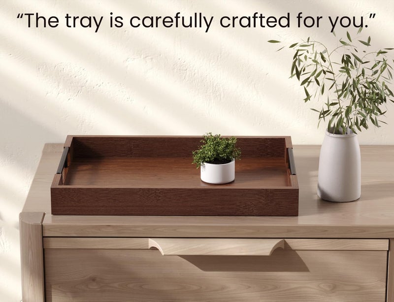Fibogollo Bamboo Serving Tray with Metal Handles,17x12in Ottoman Decorative Trays Platter for Coffee Table,Living Room,Bar,Party,Large(Brown) - Image 5